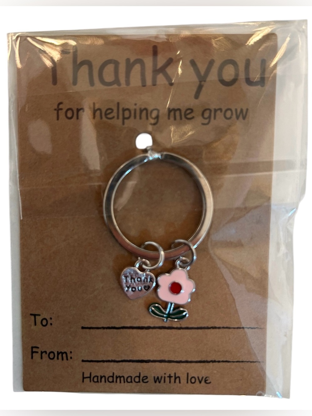 Teacher Thank You Flower Keychain with Charm - Pink Flower & Heart